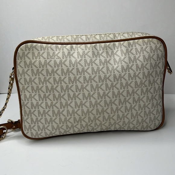 Michael Michael Kors Jet Set White Brown Logo Zip Camera Crossbody Bag - Picture 7 of 13